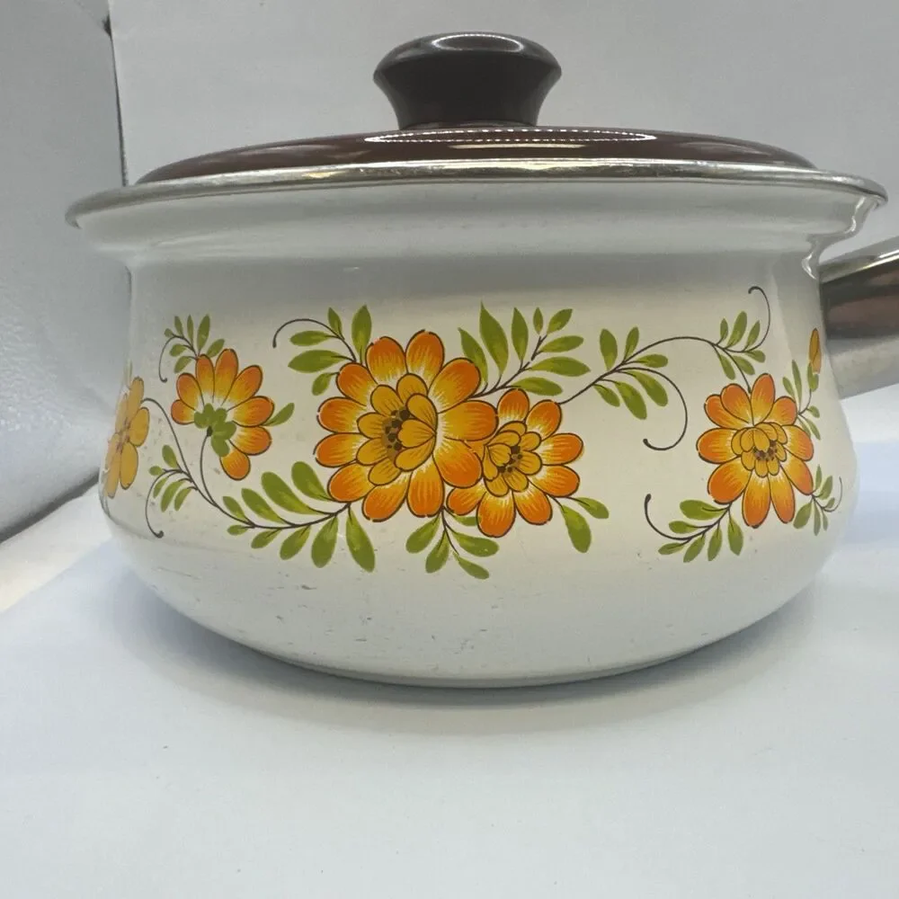 Vintage Enamel Floral 3-Pc Frying Pan Saucepan & Lid Set, Electric/Gas